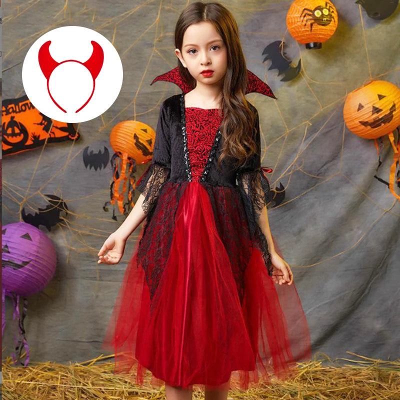 Girls Halloween Ghost Bride Costume – Black Mesh Vampire Princess Halloween Dress
