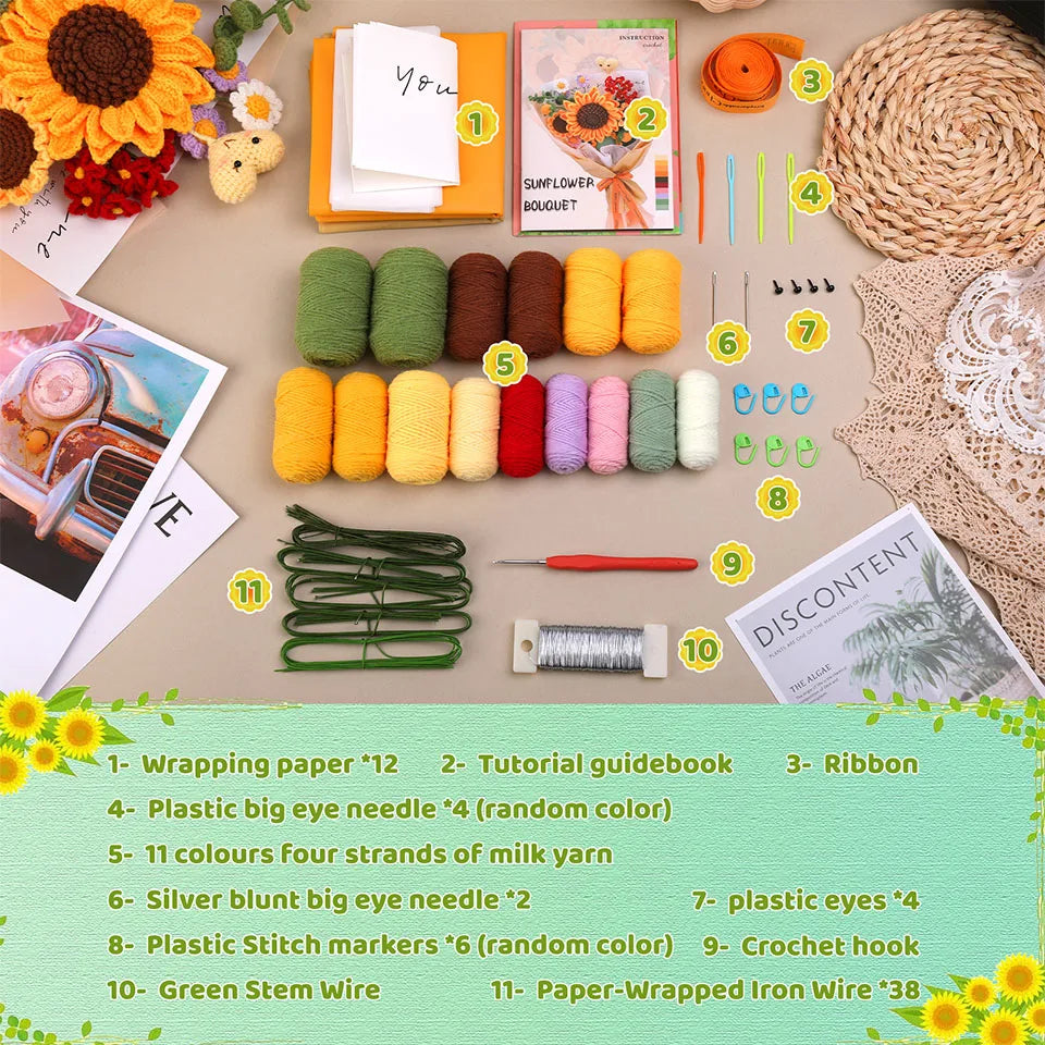 Crochet Bouquet Flowers DIY Kit — Yarn, Hooks & Instructions for Beginners