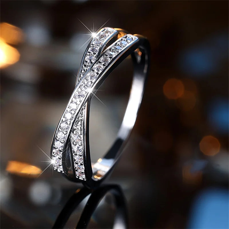 Stackable Crossed Thin Ring in Black, Gold or Silver with CZ Stone