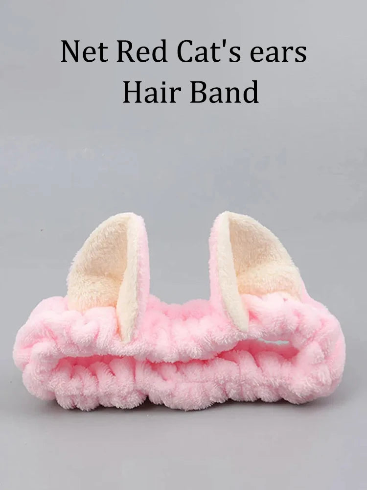 Cat Ear Coral Plush Hairband – Soft Wash / Makeup Headband, Girls’ Accessory