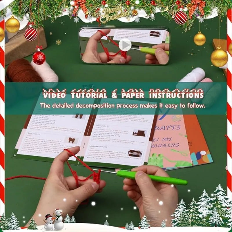 Christmas Crochet Kit – DIY Santa, Reindeer, Snowman & Tree with Yarn & Hooks
