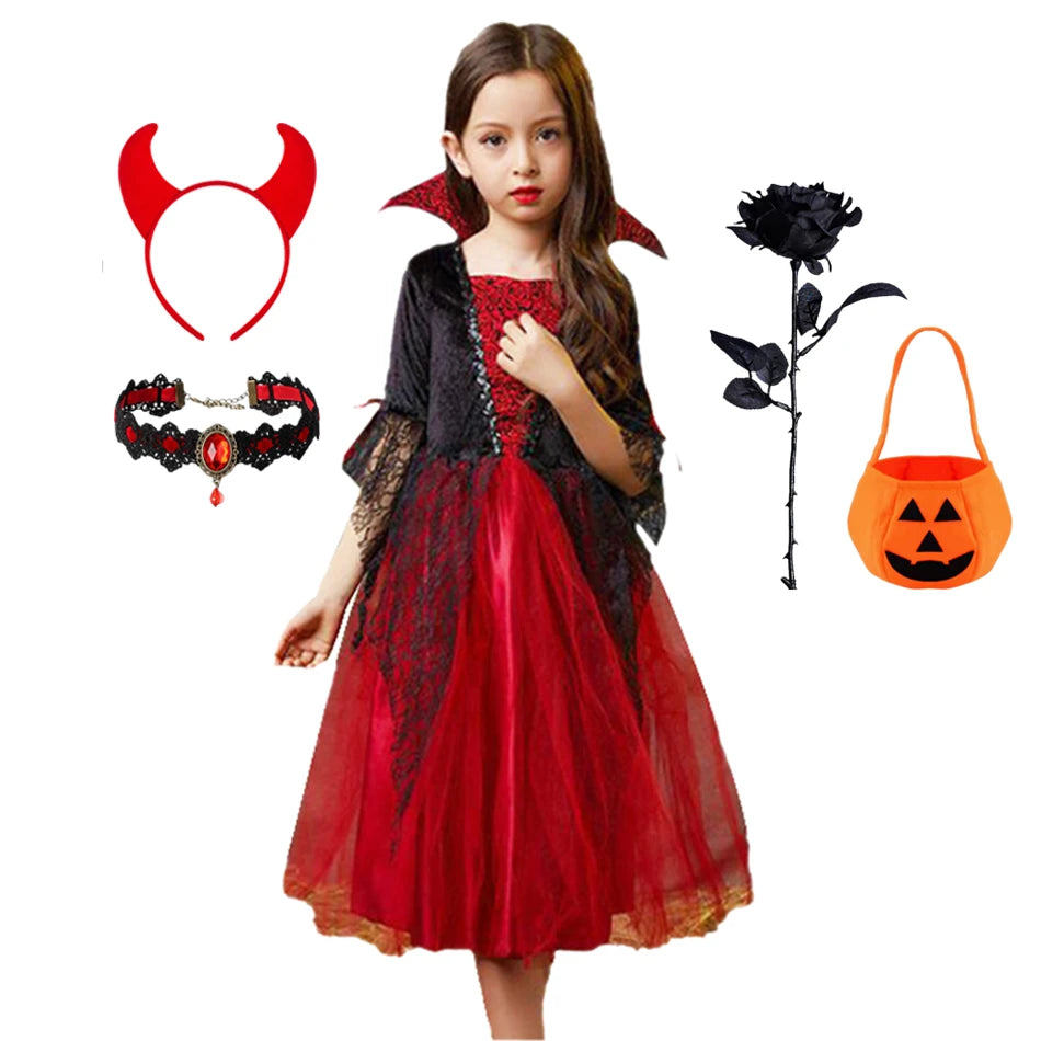 Girls Halloween Ghost Bride Costume – Black Mesh Vampire Princess Halloween Dress