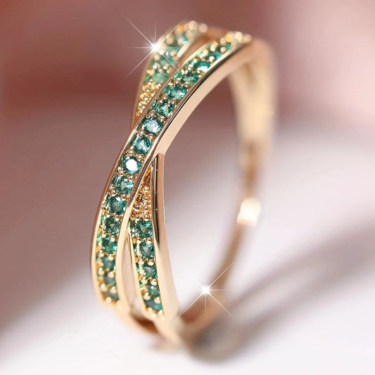 Stackable Crossed Thin Ring in Black, Gold or Silver with CZ Stone