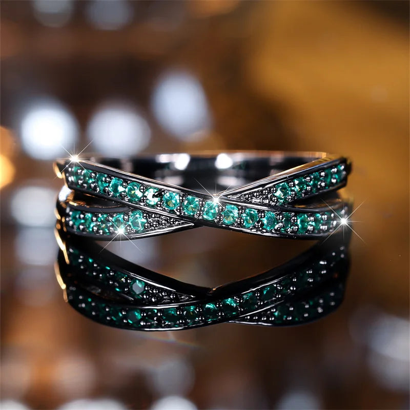 Stackable Crossed Thin Ring in Black, Gold or Silver with CZ Stone