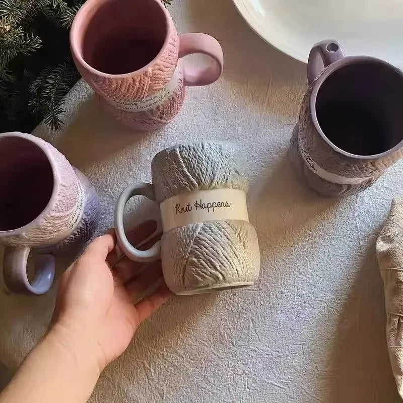 Wool Knit Pattern Coffee Mug – Ceramic Cosy Textured Cup for Hot Drinks