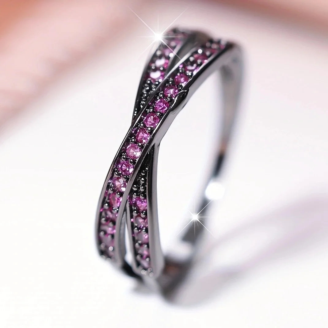 Stackable Crossed Thin Ring in Black, Gold or Silver with CZ Stone