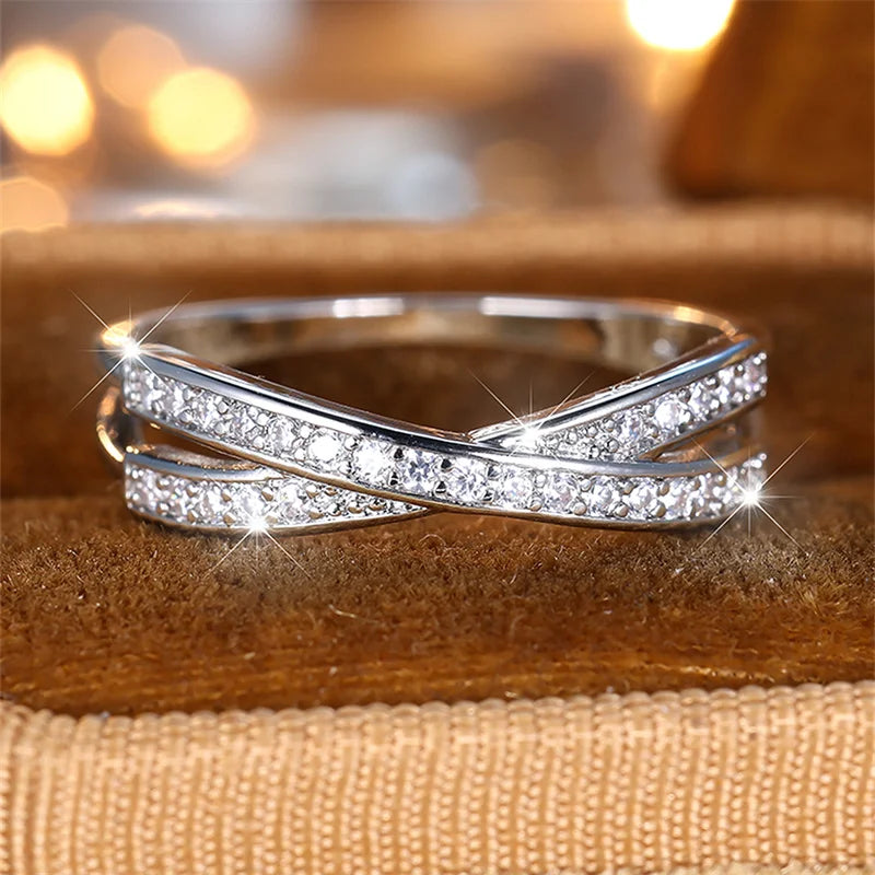 Stackable Crossed Thin Ring in Black, Gold or Silver with CZ Stone