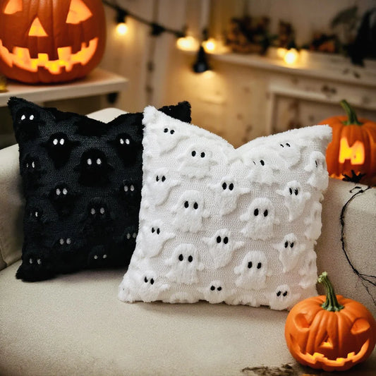 2pcs Ghost Throw Pillow Covers 45×45cm – Spooky Soft Faux Fur Décor