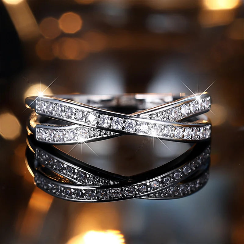 Stackable Crossed Thin Ring in Black, Gold or Silver with CZ Stone