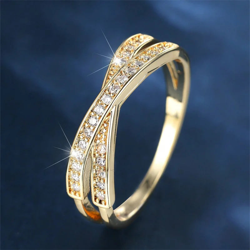 Stackable Crossed Thin Ring in Black, Gold or Silver with CZ Stone