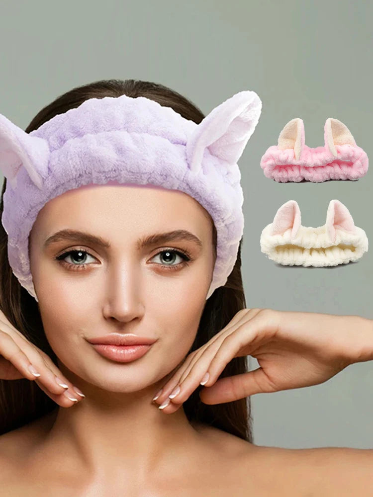 Cat Ear Coral Plush Hairband – Soft Wash / Makeup Headband, Girls’ Accessory