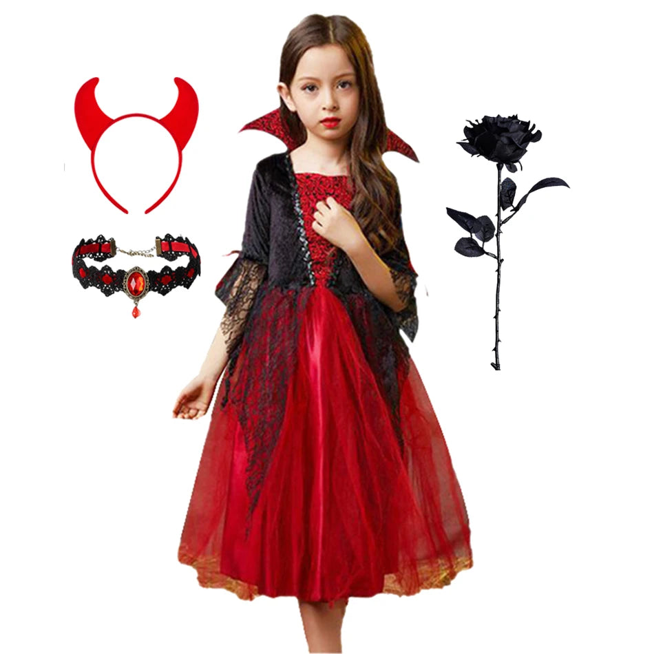 Girls Halloween Ghost Bride Costume – Black Mesh Vampire Princess Halloween Dress