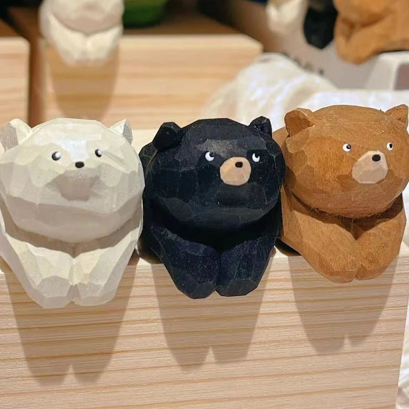 Hand-Carved Solid Wood Bear Desktop Ornament – Cute Home & Room Decoration