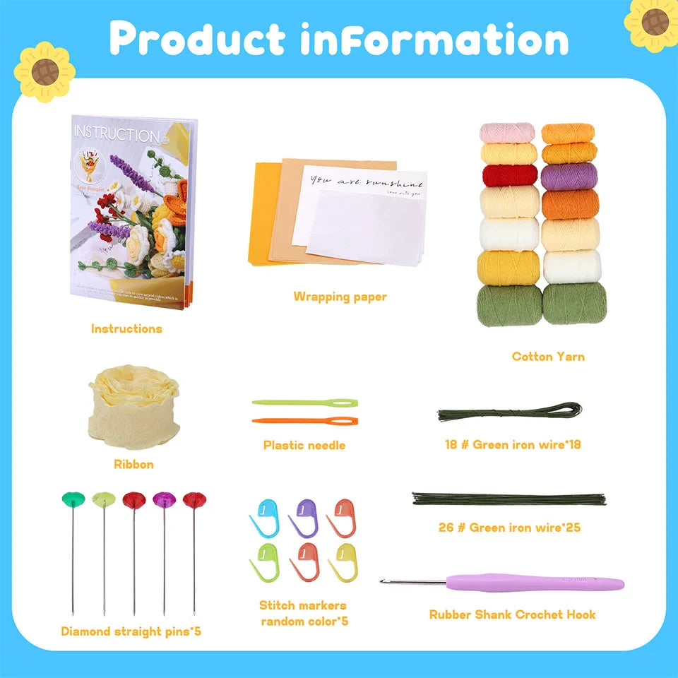 Crochet Bouquet Flowers DIY Kit — Yarn, Hooks & Instructions for Beginners