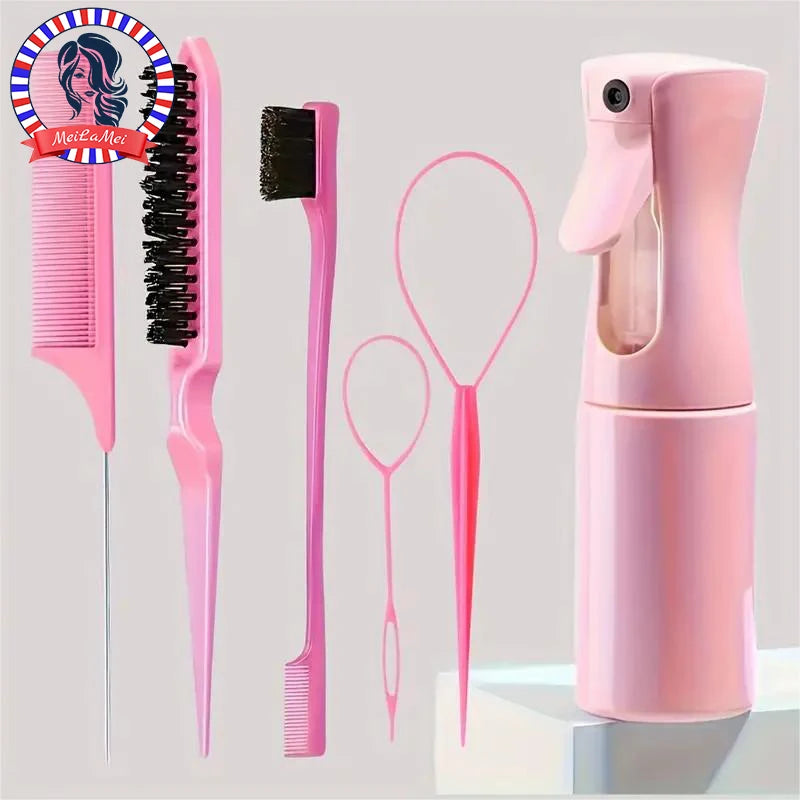 6pcs Hair Brush Set with Spray Bottle & Braiding Loop — Hairdressing Kit