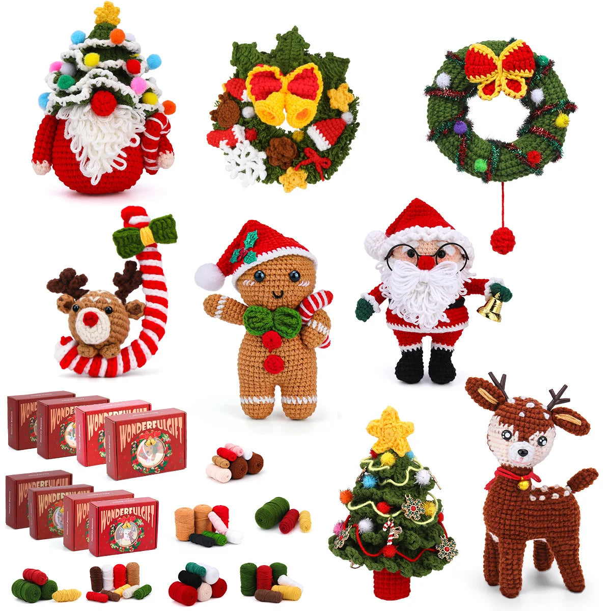 Christmas Crochet Kit – DIY Santa, Reindeer, Snowman & Tree with Yarn & Hooks