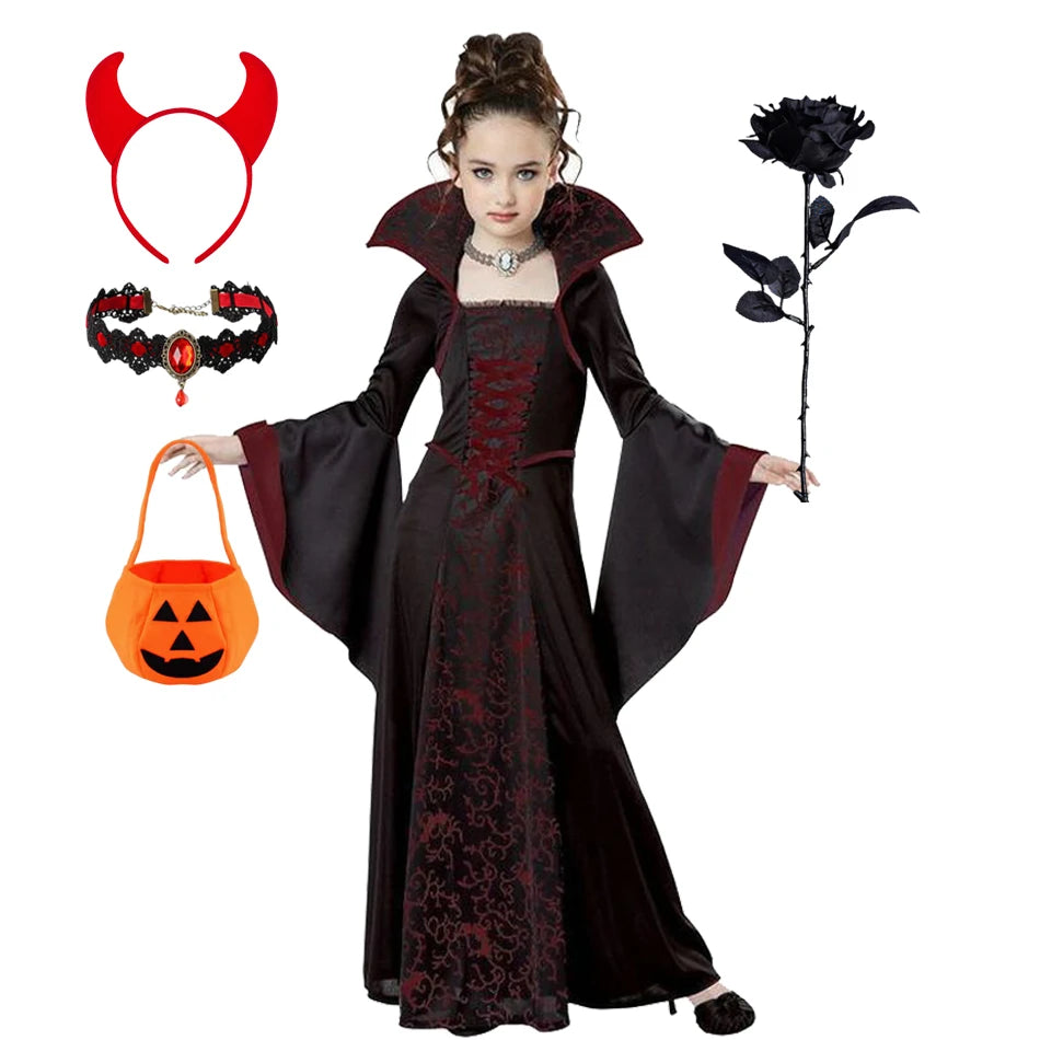 Girls Halloween Ghost Bride Costume – Black Mesh Vampire Princess Halloween Dress