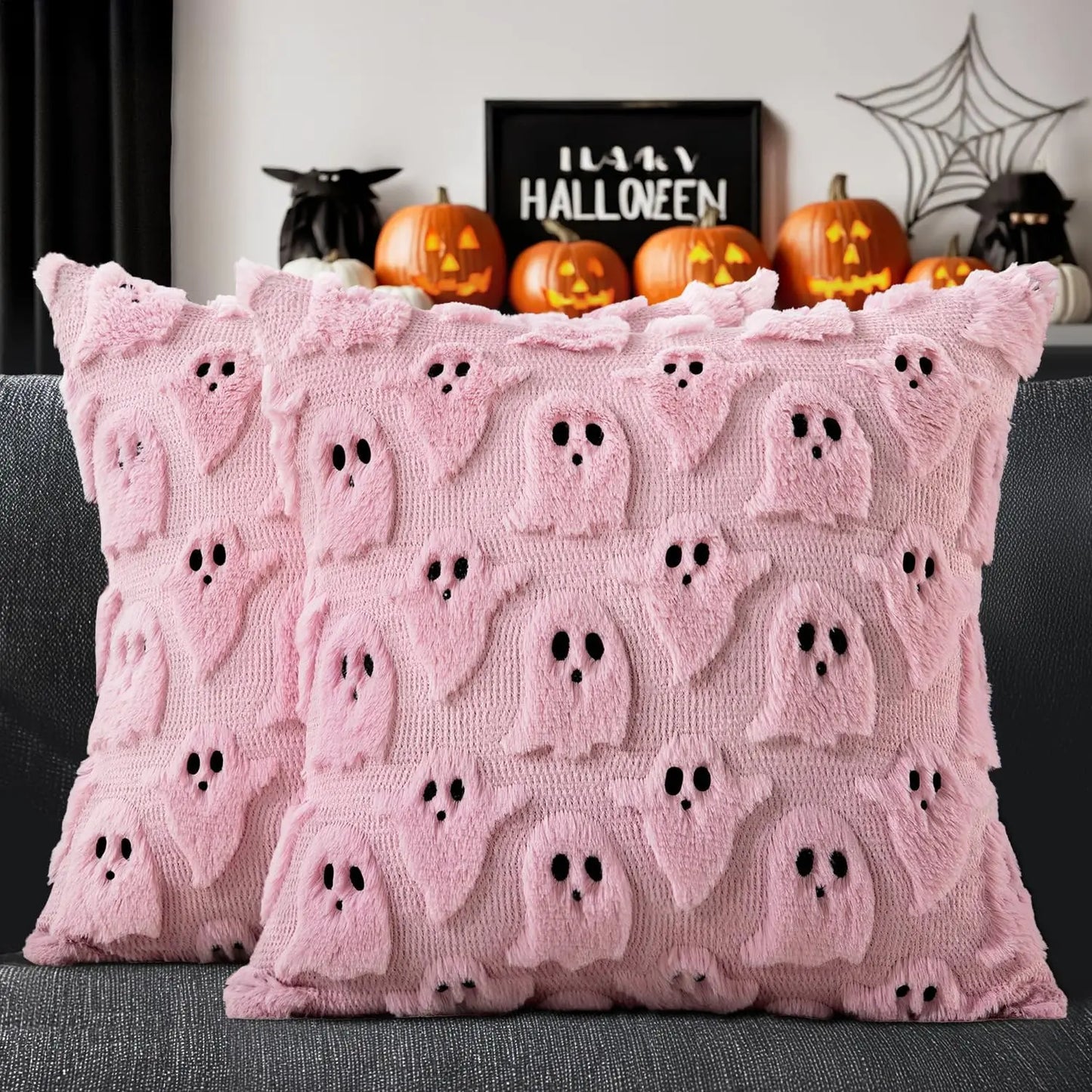 2pcs Ghost Throw Pillow Covers 45×45cm – Spooky Soft Faux Fur Décor