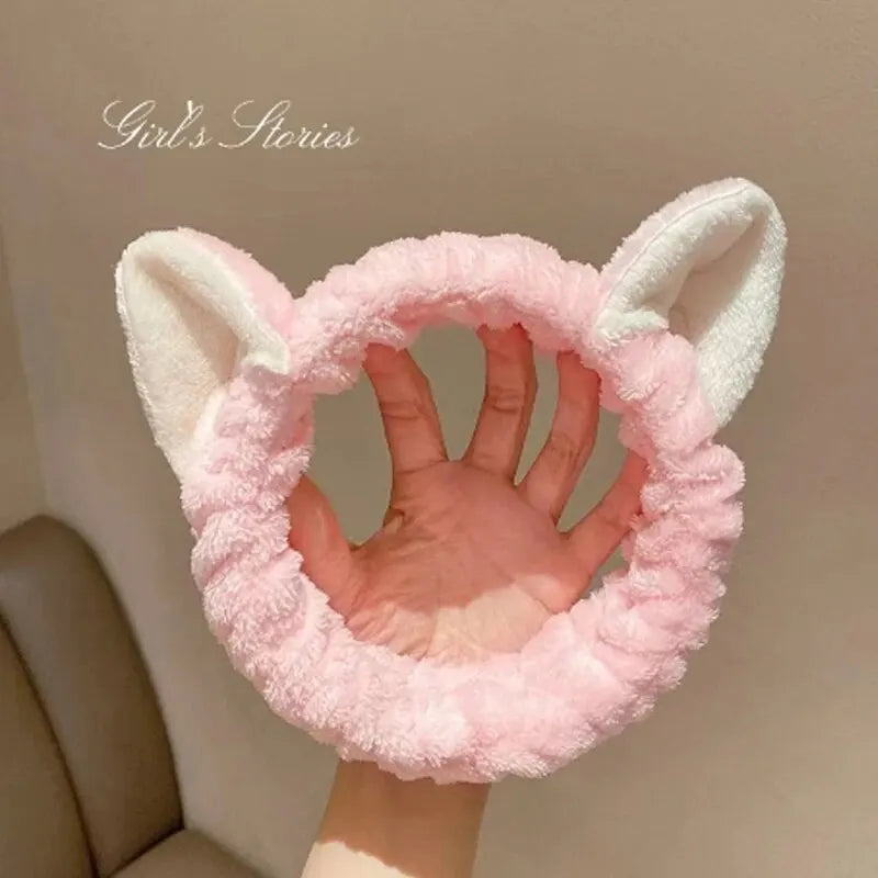 Cat Ear Coral Plush Hairband – Soft Wash / Makeup Headband, Girls’ Accessory