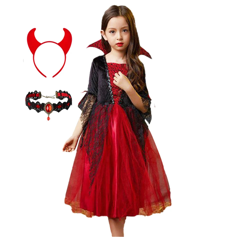 Girls Halloween Ghost Bride Costume – Black Mesh Vampire Princess Halloween Dress