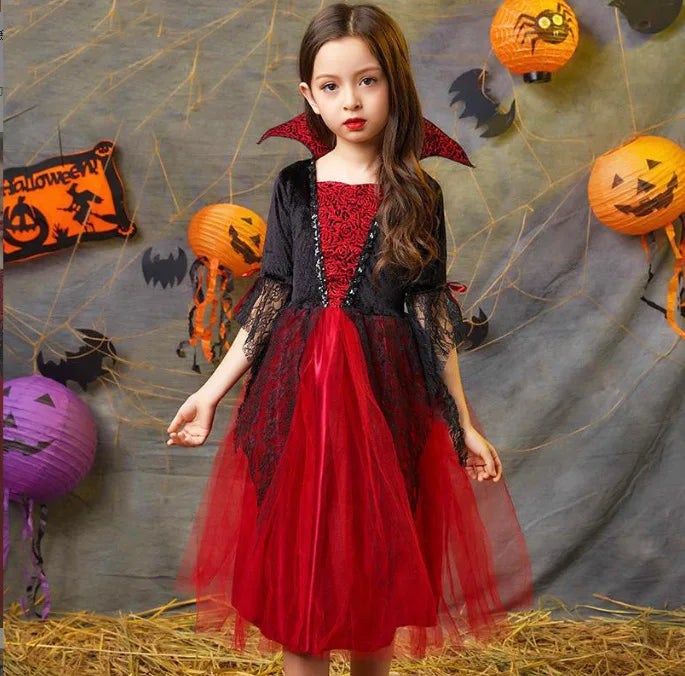 Girls Halloween Ghost Bride Costume – Black Mesh Vampire Princess Halloween Dress