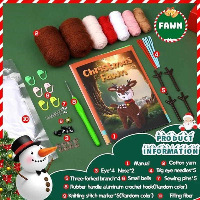 Christmas Crochet Kit – DIY Santa, Reindeer, Snowman & Tree with Yarn & Hooks