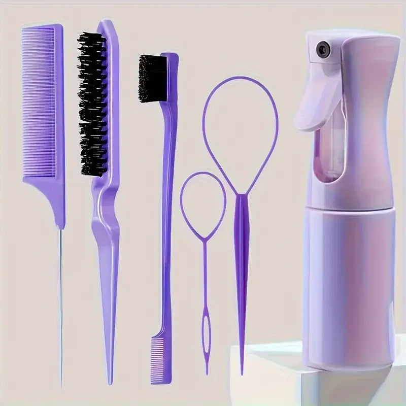 6pcs Hair Brush Set with Spray Bottle & Braiding Loop — Hairdressing Kit