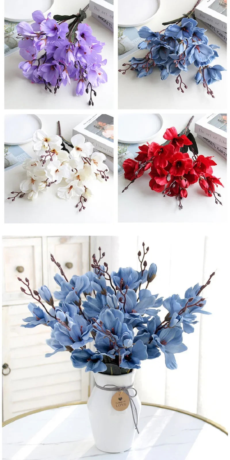 Artificial Magnolia Flower Bouquet – 5 Stems 20 Heads for Home & Wedding Décor