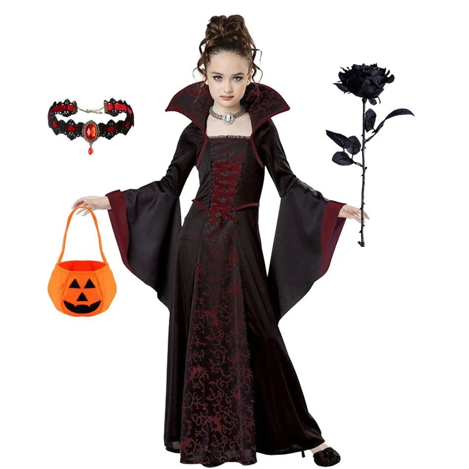 Girls Halloween Ghost Bride Costume – Black Mesh Vampire Princess Halloween Dress