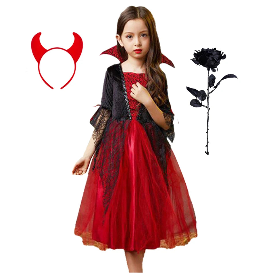 Girls Halloween Ghost Bride Costume – Black Mesh Vampire Princess Halloween Dress