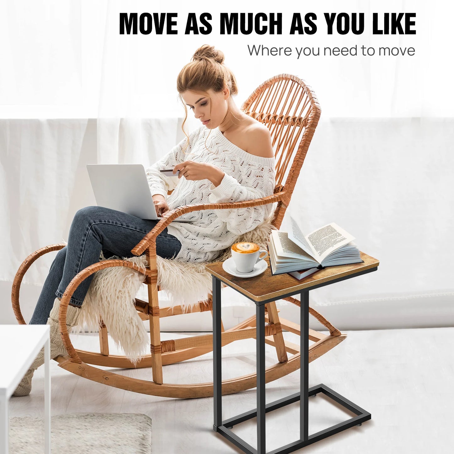 C-Shaped Side Table Laptop Sofa Table – Small Corner Coffee/Bedside Snack Table for Living Room