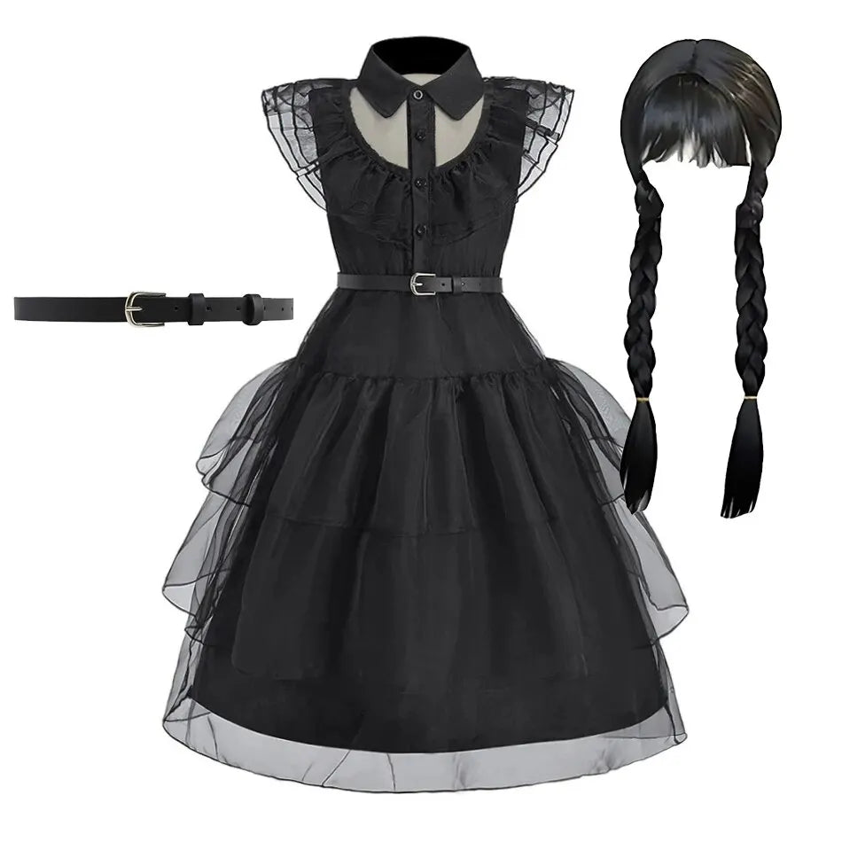 Girls Gothic Black Costume Dress – Spooky Princess Outfit for Halloween & Parties