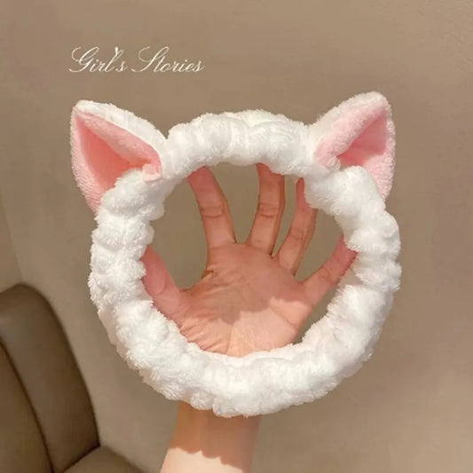 Cat Ear Coral Plush Hairband – Soft Wash / Makeup Headband, Girls’ Accessory