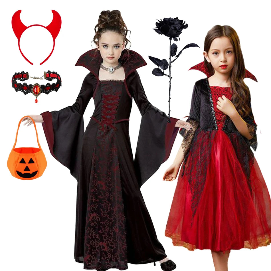 Girls Halloween Ghost Bride Costume – Black Mesh Vampire Princess Halloween Dress
