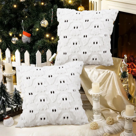 2pcs Ghost Throw Pillow Covers 45×45cm – Spooky Soft Faux Fur Décor