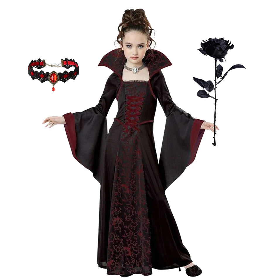 Girls Halloween Ghost Bride Costume – Black Mesh Vampire Princess Halloween Dress